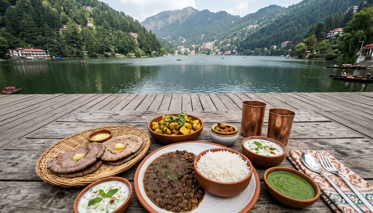 Wide-angle view of a traditional Kumaoni meal served near Naini Lake.