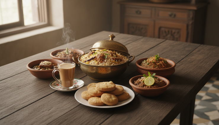 Wide-angle view of a Hyderabad food spread with biryani, haleem, Irani chai, and sweets on a dining table.