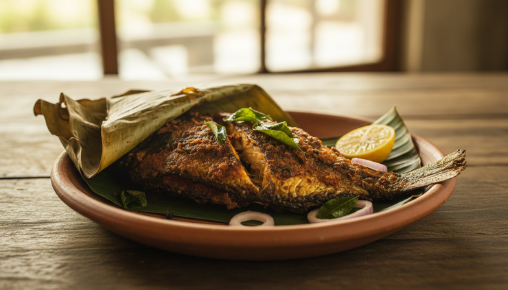 Close-up of karimeen pollichathu wrapped in banana leaf with spicy masala and curry leaves