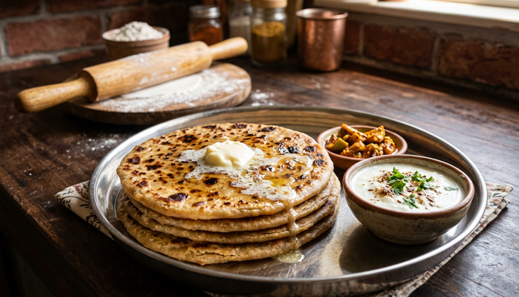 Eye-level view of stuffed parathas with butter, curd, and mango pickle