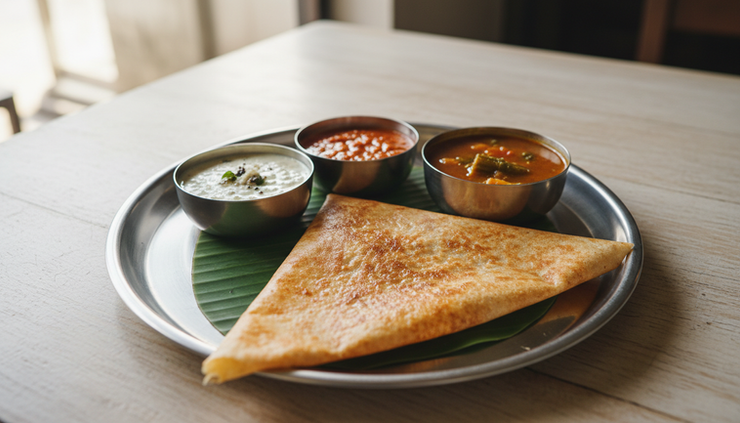 Close-up of a crisp ghee roast dosa with coconut chutney and sambar on a steel plate