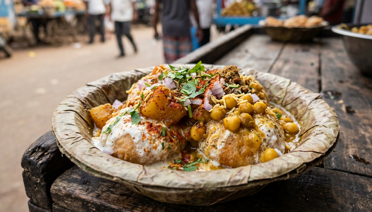 Close-up of dahibara aloodum served in a leaf bowl with potato curry and spices