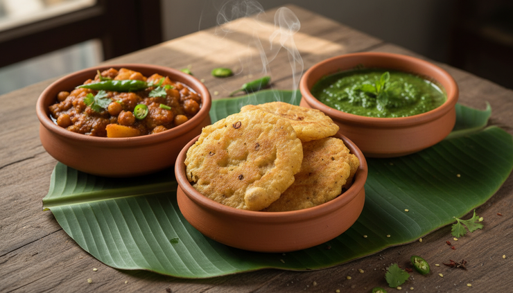 Close-up of crispy dhuska served with aloo chana curry and green chutney