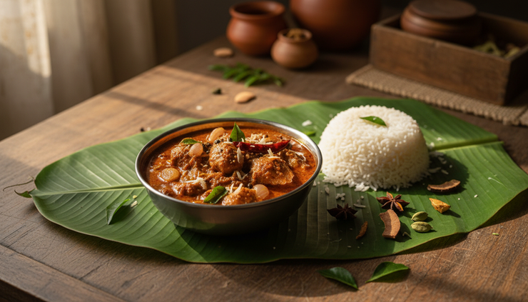 Eye-level view of Kongu chicken curry served with rice on a banana leaf