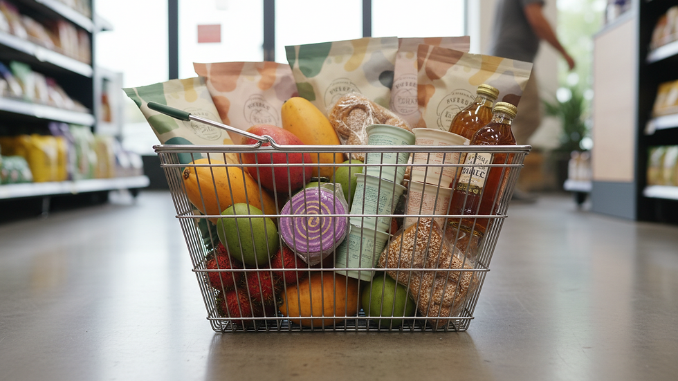 Close-up of a basket filled with local snacks, fruit, bottled drinks, and bakery items