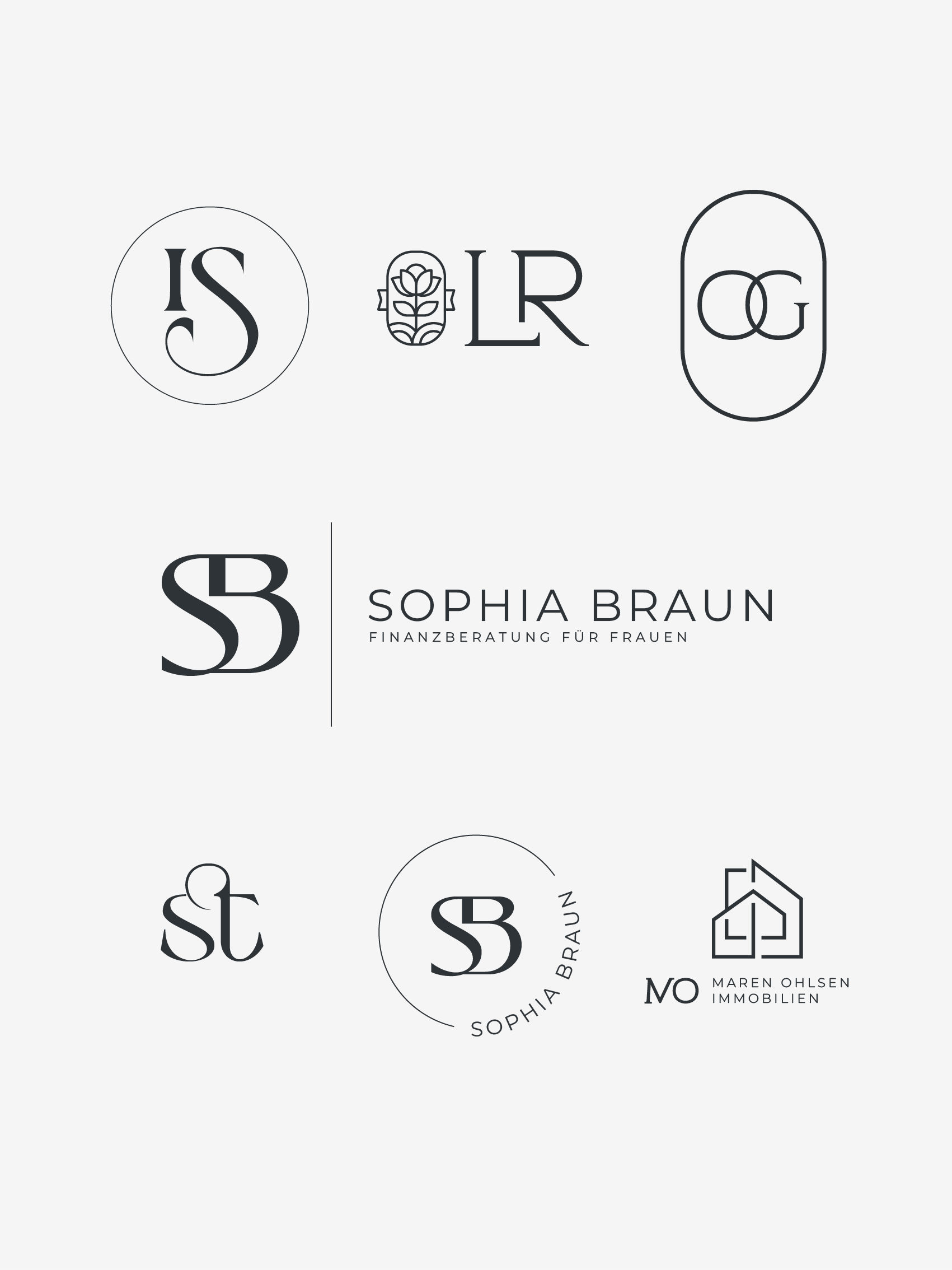 Persönliche Monogramm Logo Beispiele – handgezeichnete Initialen Designs mit Icons für Selbstständige