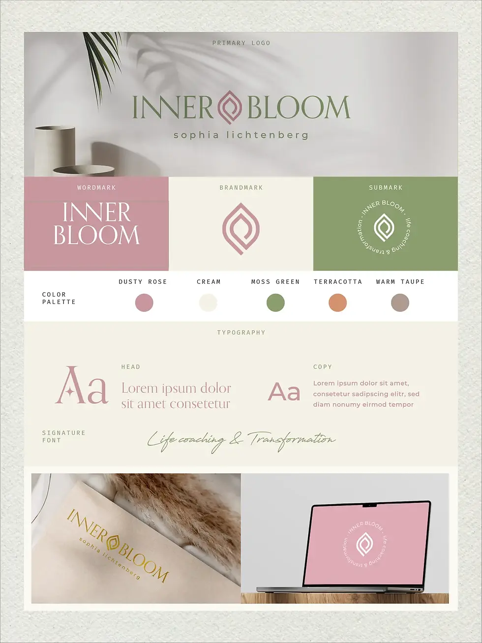 Semi-Custom Branding Kit INNER BLOOM für Coaching und Mentoring in warmen Erdtönen wie Moosgrün, Terracotta und Rosé