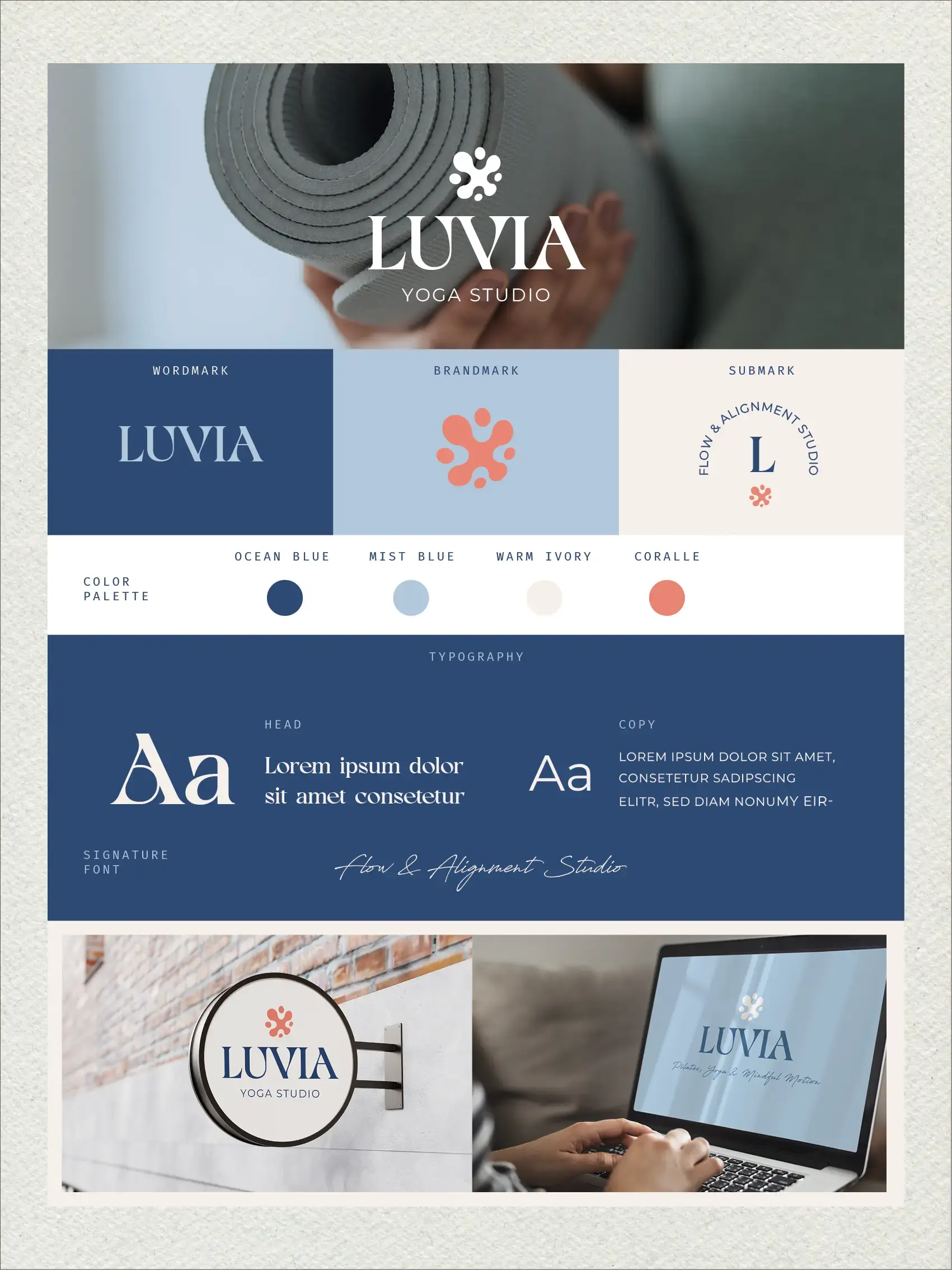 Logo Branding Kit LUVIA für Yoga und Pilates Studios in den Farben Ocean Blue, Mist Blue und Koralle