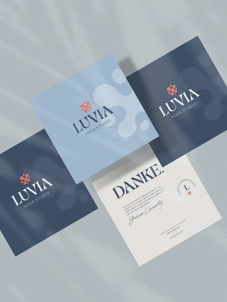 Logo Branding Kit LUVIA für Yoga und Pilates Studios in den Farben Ocean Blue, Mist Blue und Koralle