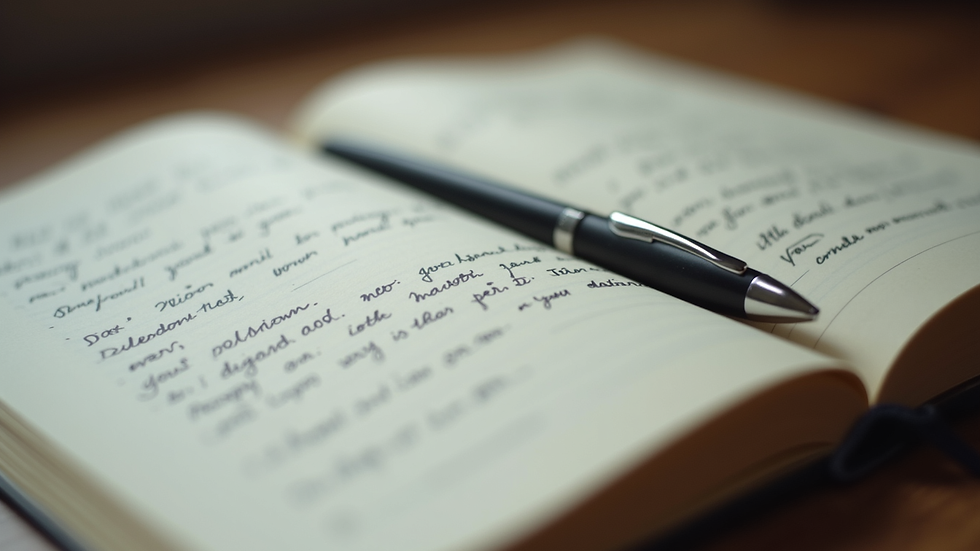 Close-up view of an open journal with handwritten reflections and a pen