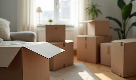 A-family-packing-boxes-in-their-home-before-a-move-with-packing-supplies-scattered-around.