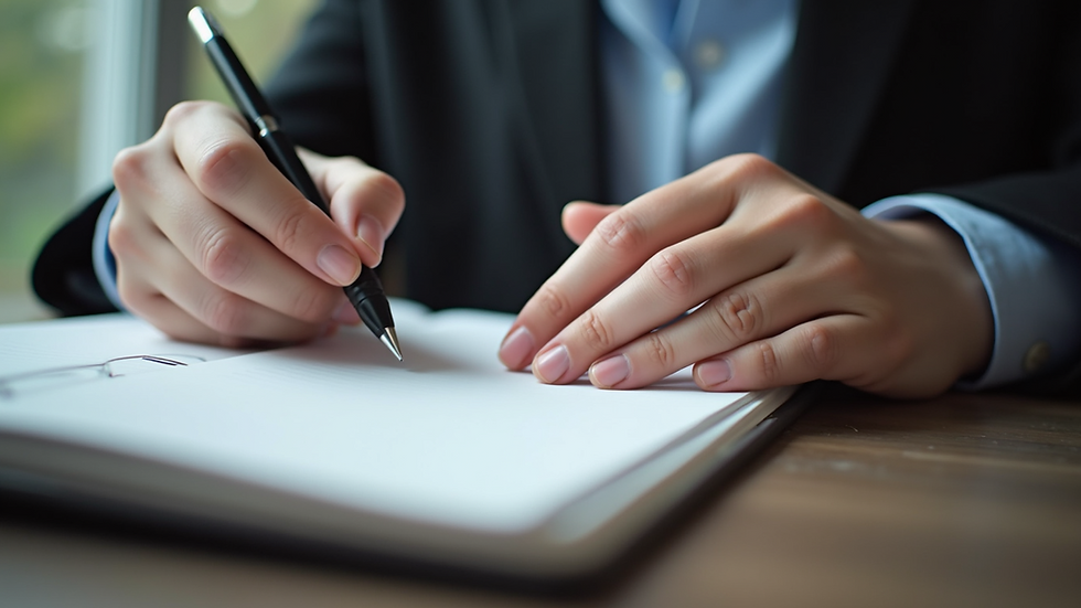 Close-up view of a therapist's hands holding a notebook and pen during a session