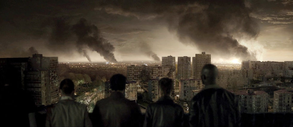 La Horde or The Horde zombie movie from 2009 is certainly the best zombie action movie. The movie doesn't specify the source of zombie apocalypse but instead gives a hint. la horde is streaming for free on YouTube.