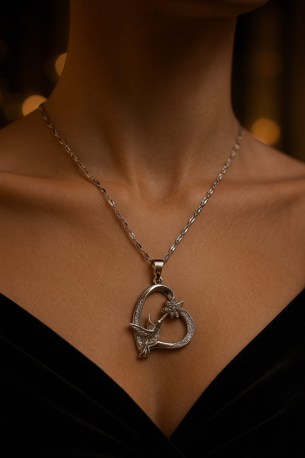 Cadena en Electroplata con Dije de Colibrí, Corazón y Flor Cristalina