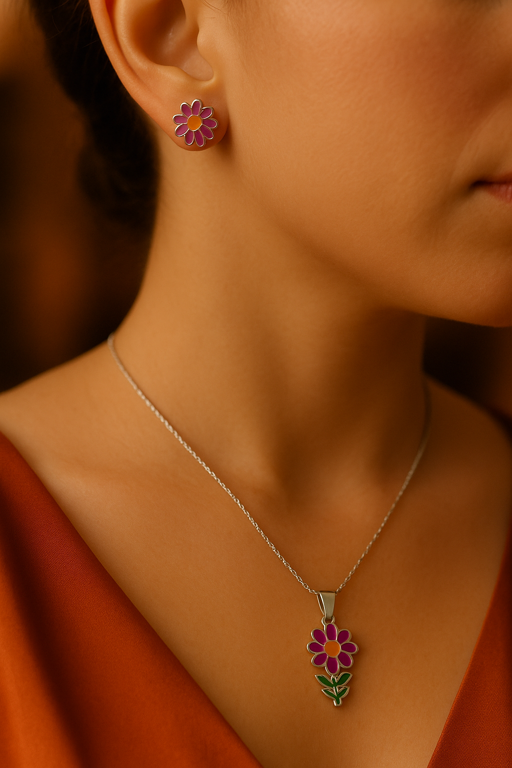 juego cadena aretes flor morada plata 925