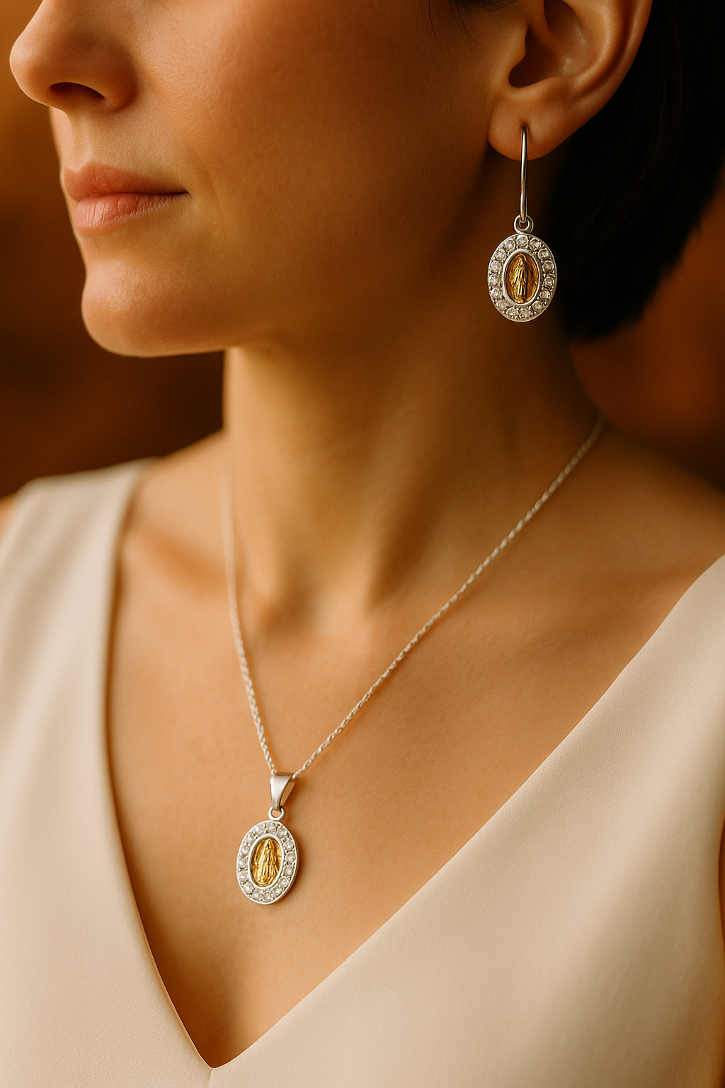 juego cadena dije aretes virgen milagrosa plata 925