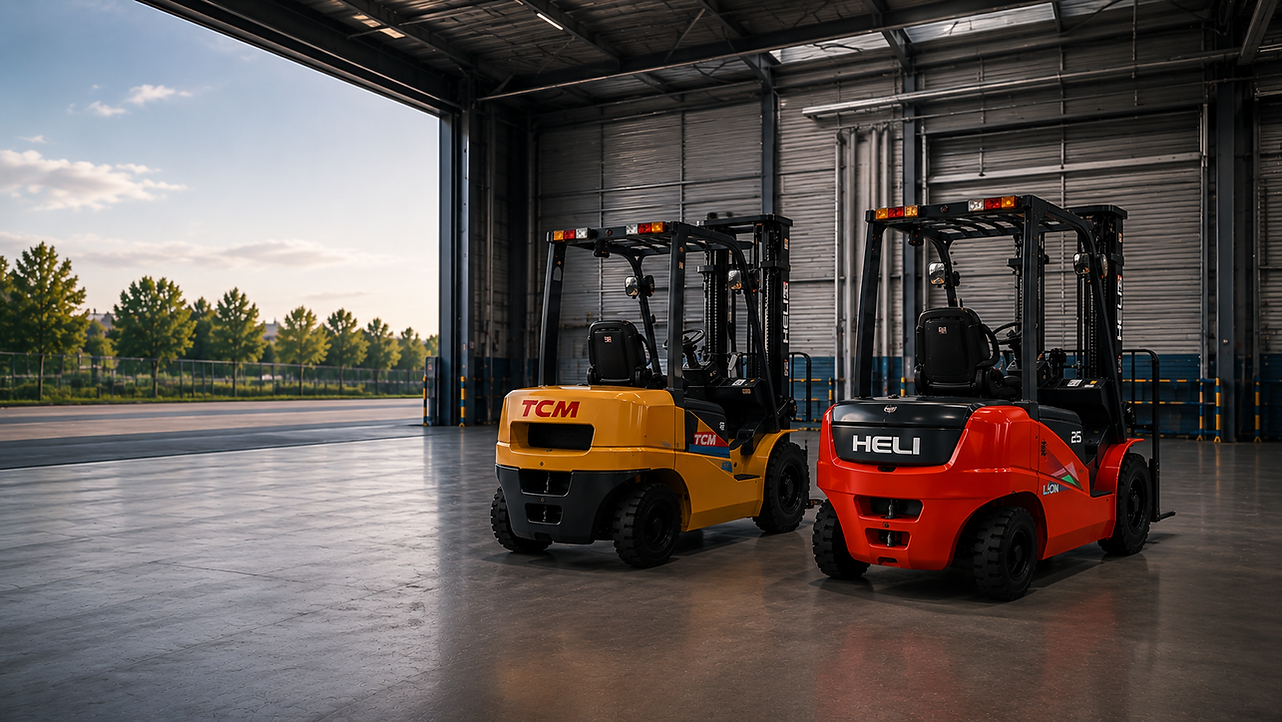Depo içinde yan yana duran sarı TCM ve kırmızı Heli forkliftler