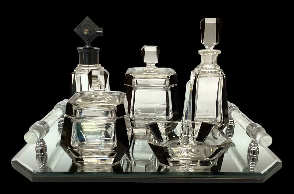 Art Deco Black & Clear Dressing Table Set on Mirror Tray