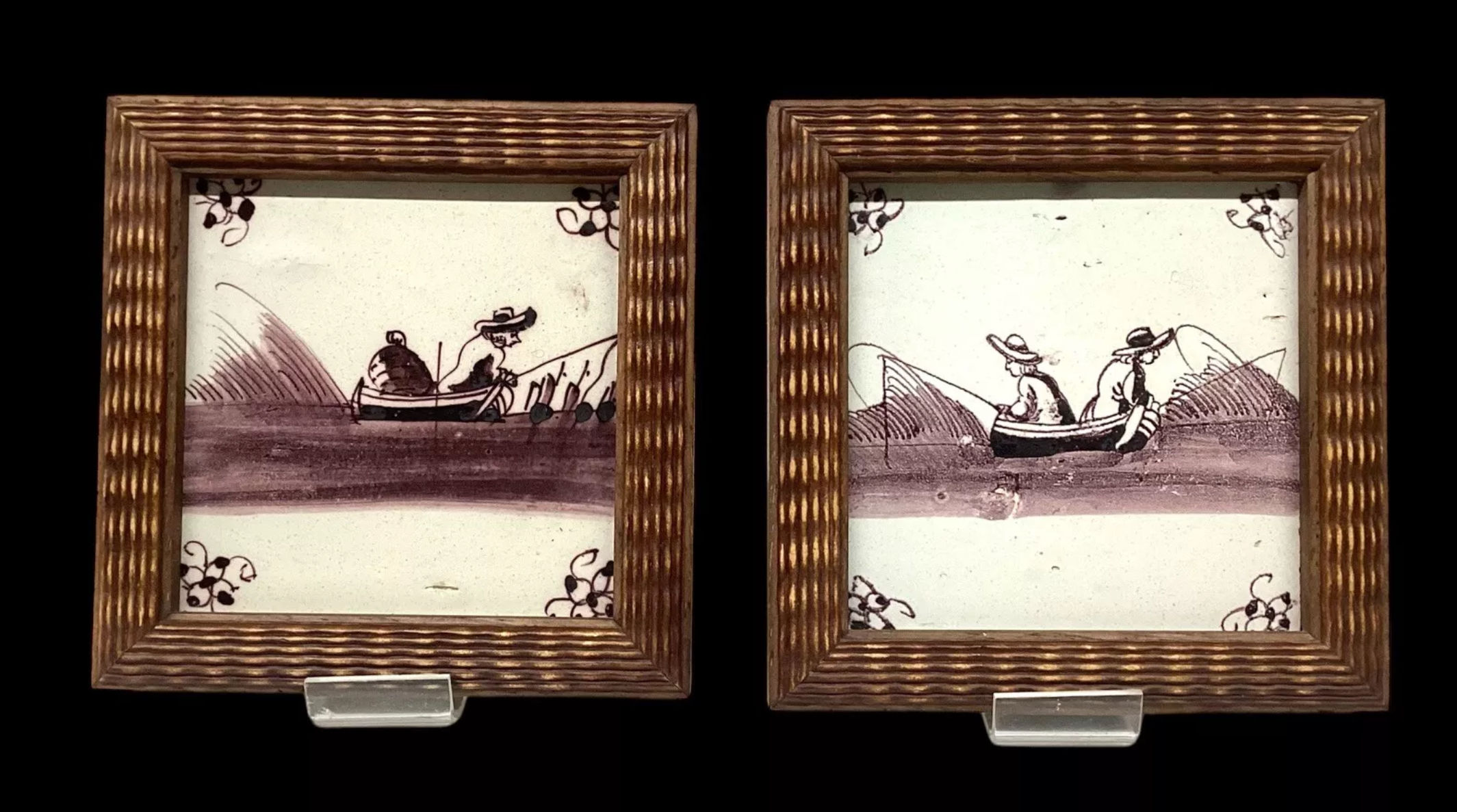 Pair Of Framed Dutch Delft Manganese Wall Tiles Framed