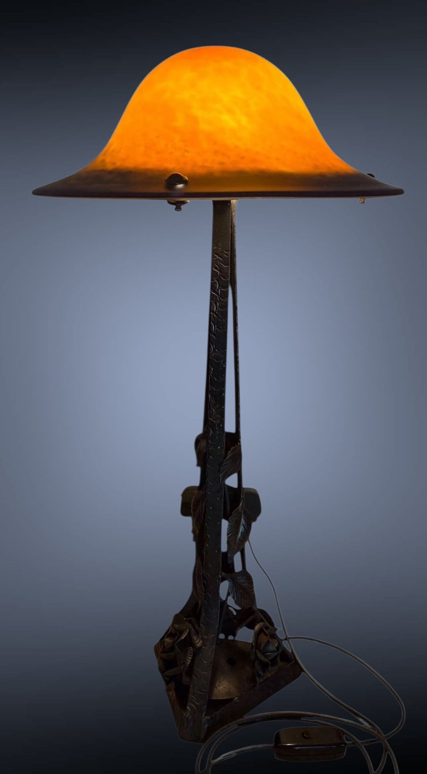 Thumbnail: Art Nouveau Pate De Verre Wrought Iron Lamp