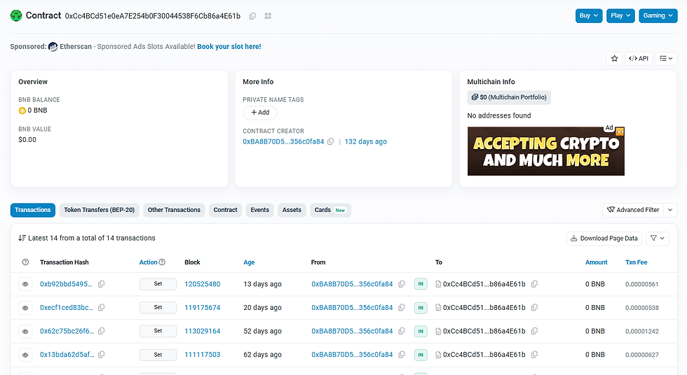 Figure 5 - BNBscan transactions for 0xCc4BCd51e0eA7E254b0F30044538F6Cb86a4E61b