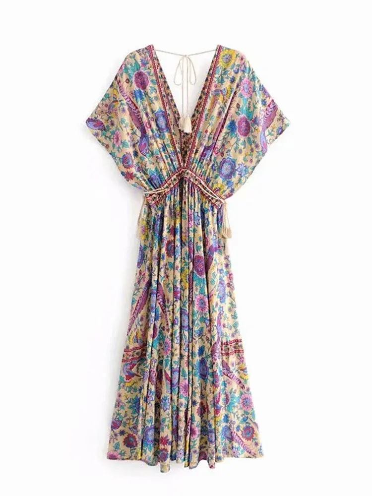 Thumbnail: Vintage Chic Women Peacock Floral Print Bat Sleeve Beach Bohemian Maxi Dresses R