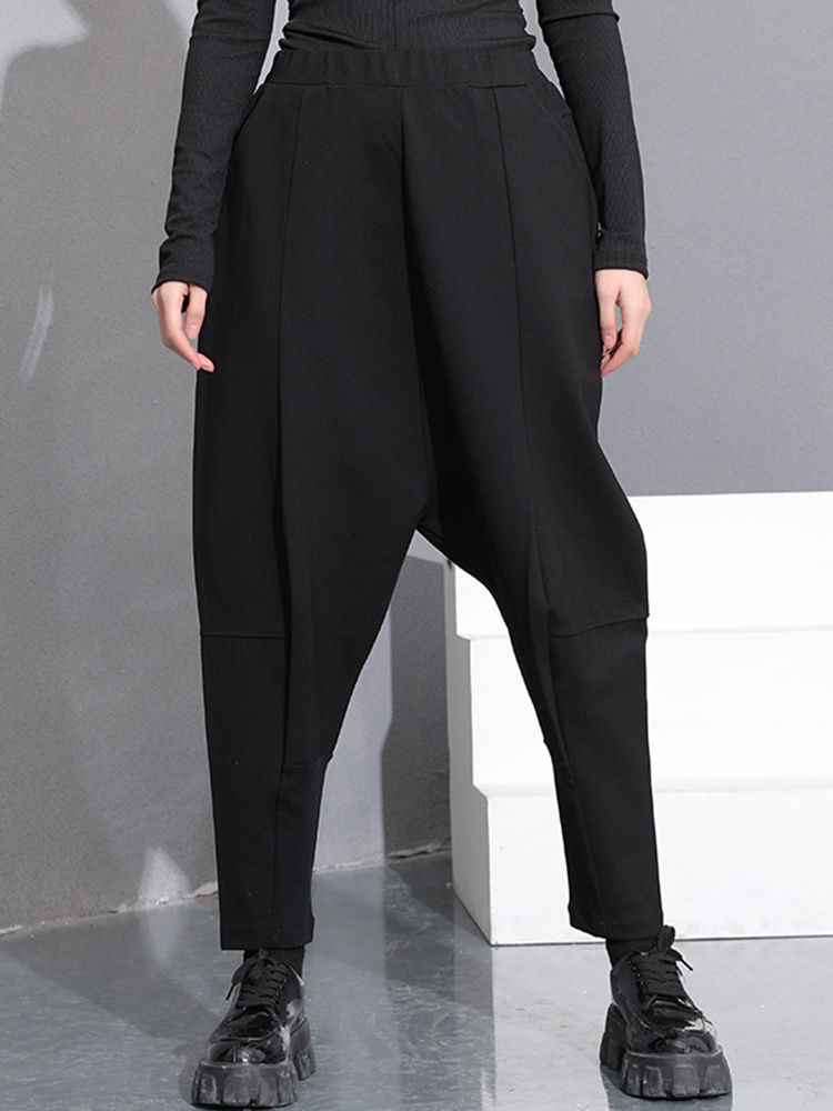 Thumbnail: [EAM] High Elastic Waist Black Pocket Thick Patchwork  Harem Pants New Trousers 