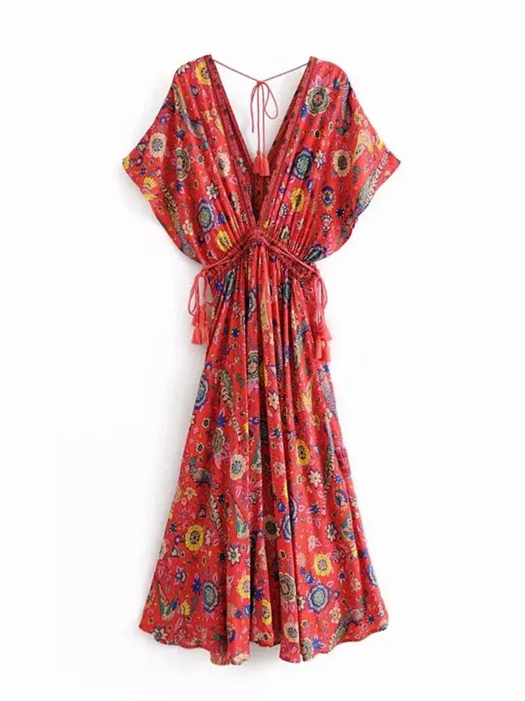 Thumbnail: Vintage Chic Women Peacock Floral Print Bat Sleeve Beach Bohemian Maxi Dresses R