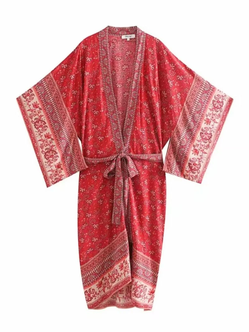 Thumbnail: Vintage Chic Women Floral Print Batwing Sleeve Beach Bohemian Kimono Dress Ladie