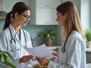 Eye-level view of a dietitian discussing meal plans with a patient in a clinic room