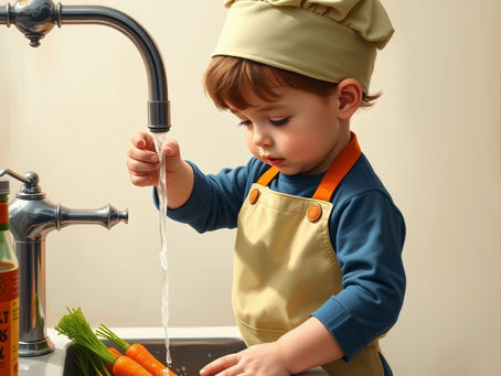 Toddler in chef hat and apron washes carrots in a sink. Background is a neutral kitchen setting; mood is focused and playful.