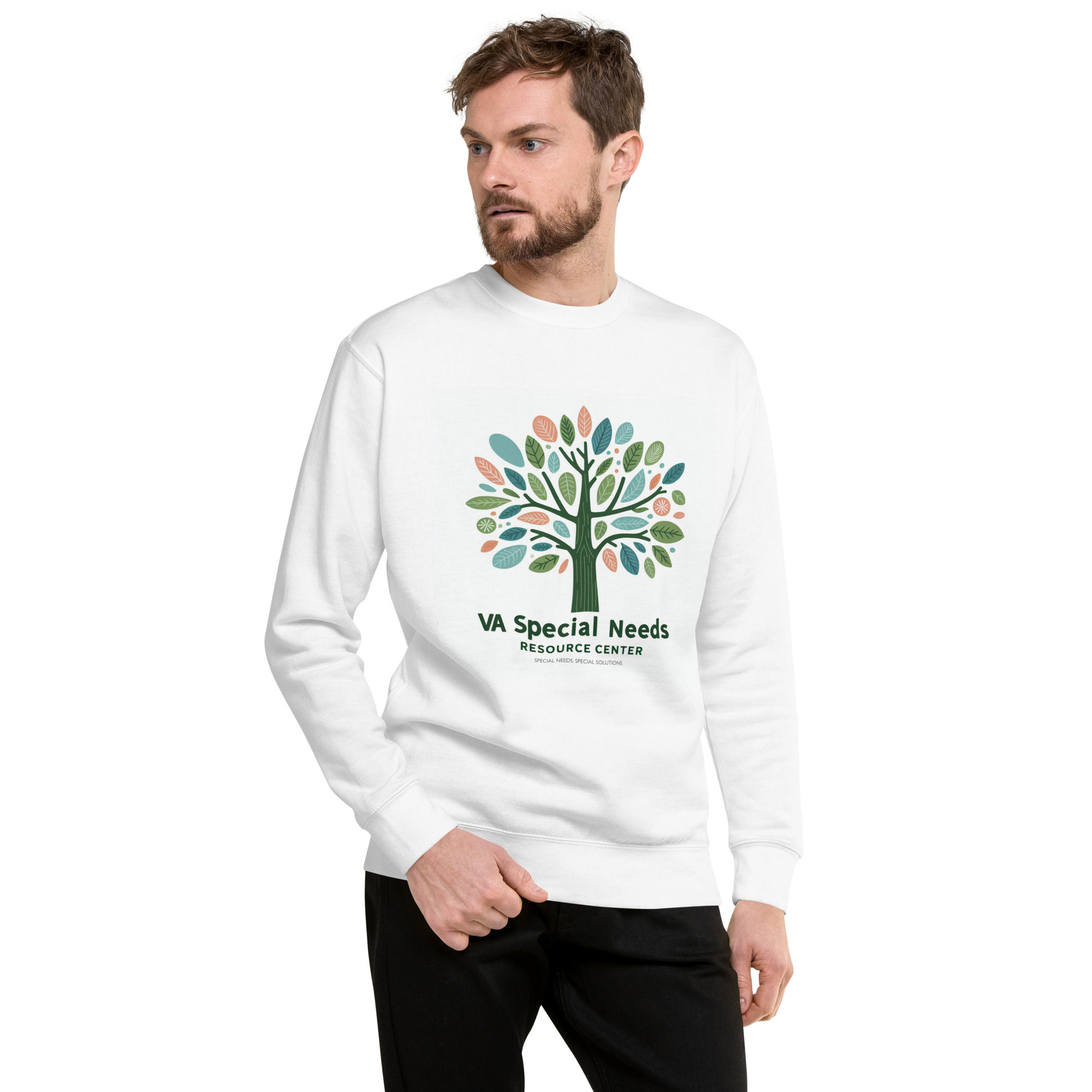 Adult male wearing logo t-shirt
