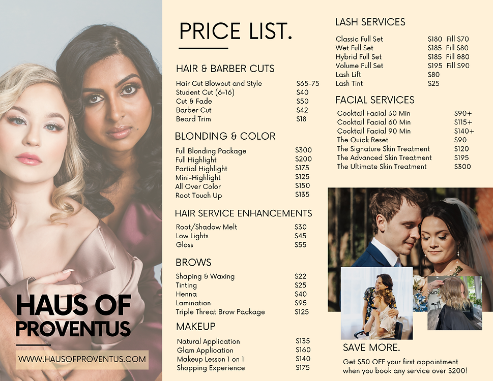 Haus of Proventus Service Menu