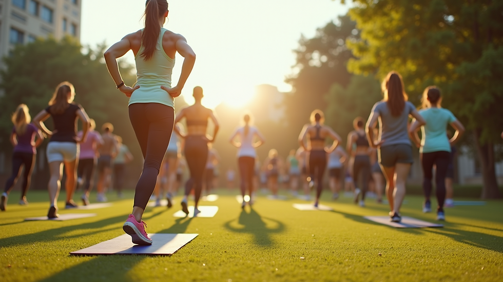 Wide angle view of a serene outdoor fitness class
