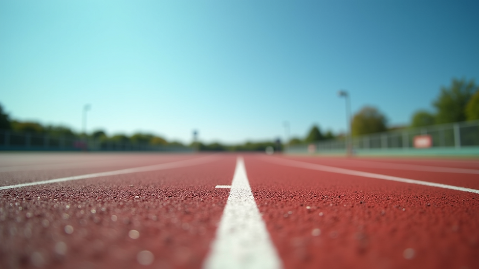 Eye-level view of a running track under a clear blue sky