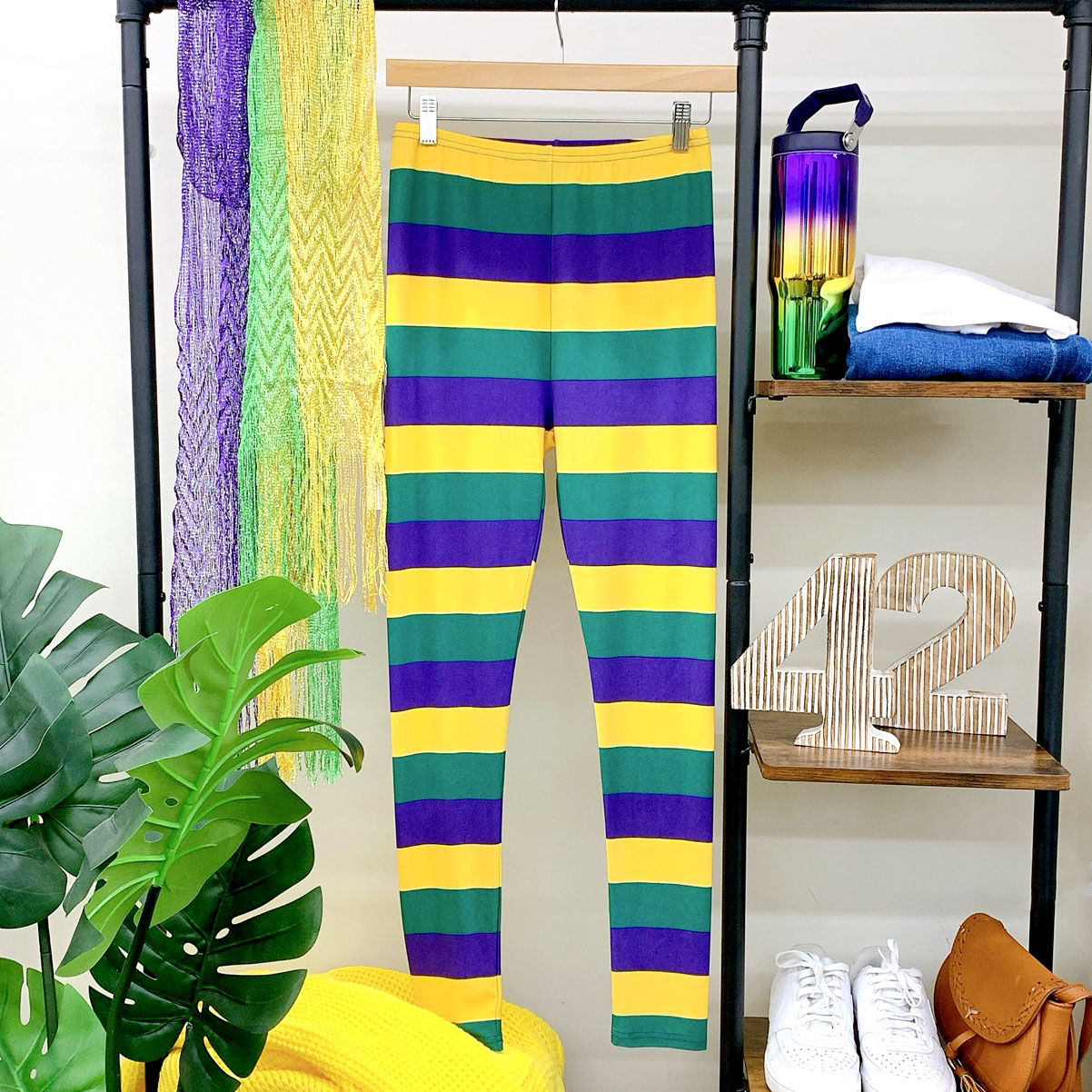 Mardi Gras Tri Color Stripe Leggings  (One Size)