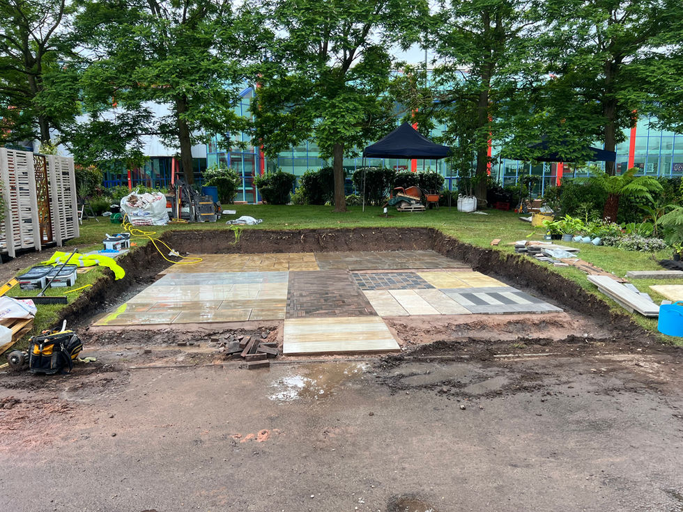 Patio installation with various paving slabs, surrounded by trees and greenery. Dk Landscapes Nottin.