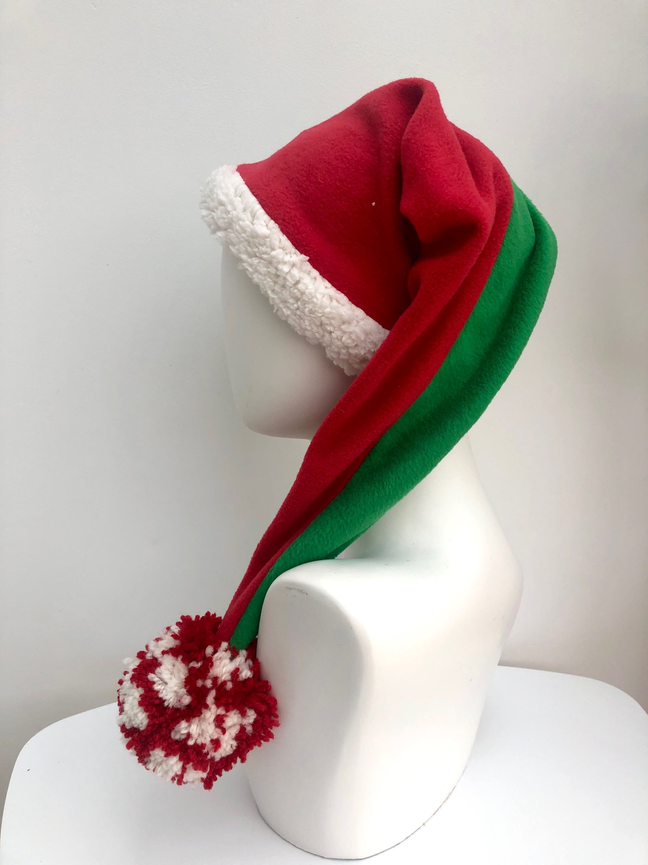Santa's XLong Christmas Hats - Red/Green with red/white pompom