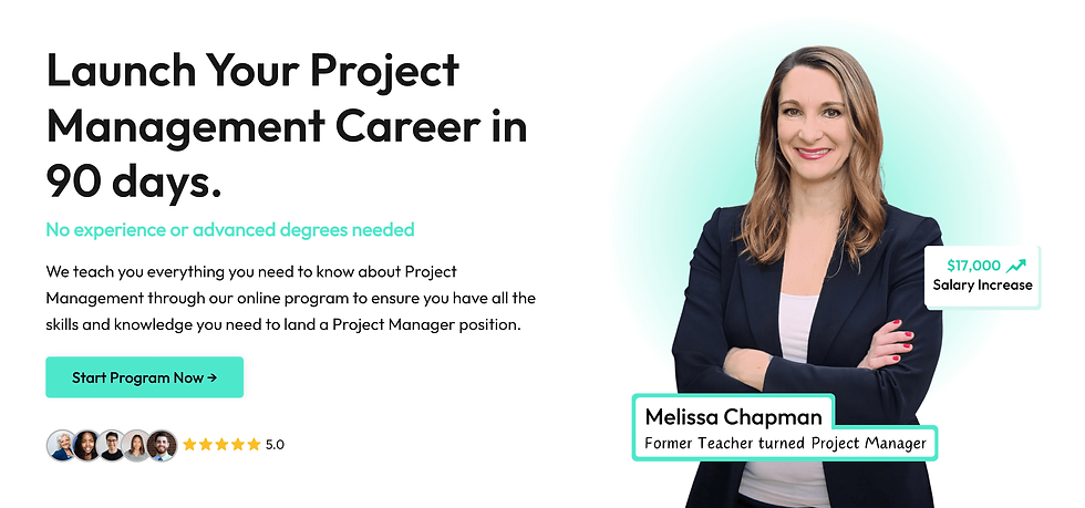 Woman smiling confidently, text promoting project management career in 90 days, no experience needed, green accents, 5-star rating.
