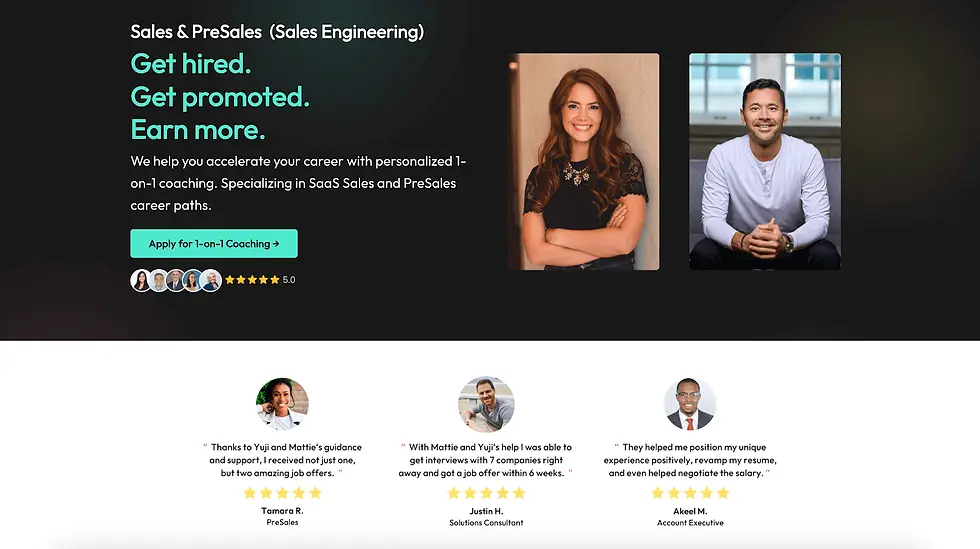 Sales coaching ad with “Get hired. Get promoted. Earn more.” text. Features two portraits and testimonials with five-star ratings.