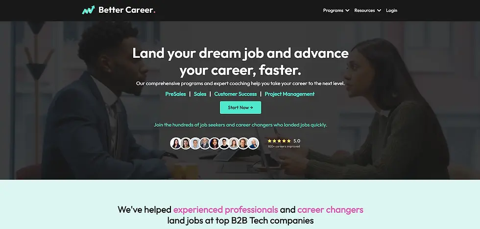 Two professionals in discussion, overlaid with text promoting career advancement programs.