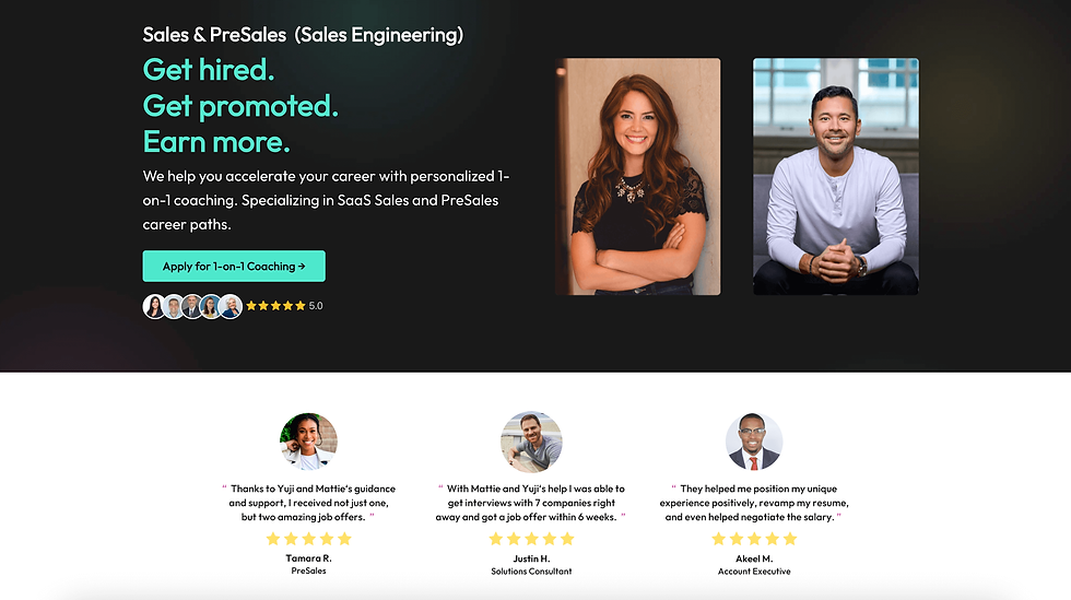 Sales coaching ad with "Get hired. Get promoted. Earn more." text. Photos of smiling individuals, star ratings, and testimonials below.