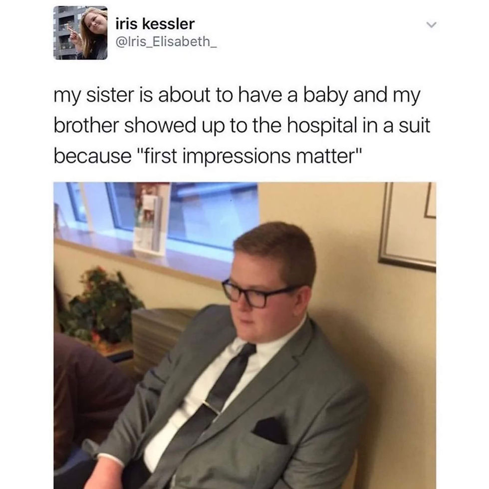 Man in suit seated in hospital, looking serious. Text above reads "my brother showed up in a suit because 'first impressions matter.'"