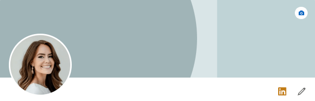 Smiling woman with long hair in a profile photo on a light blue and gray abstract background. LinkedIn and edit icons visible.