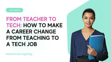 Cover image of a woman holding papers for the article titled "From Teacher to Tech: How to make a Career Change from Teaching to a Tech Job"