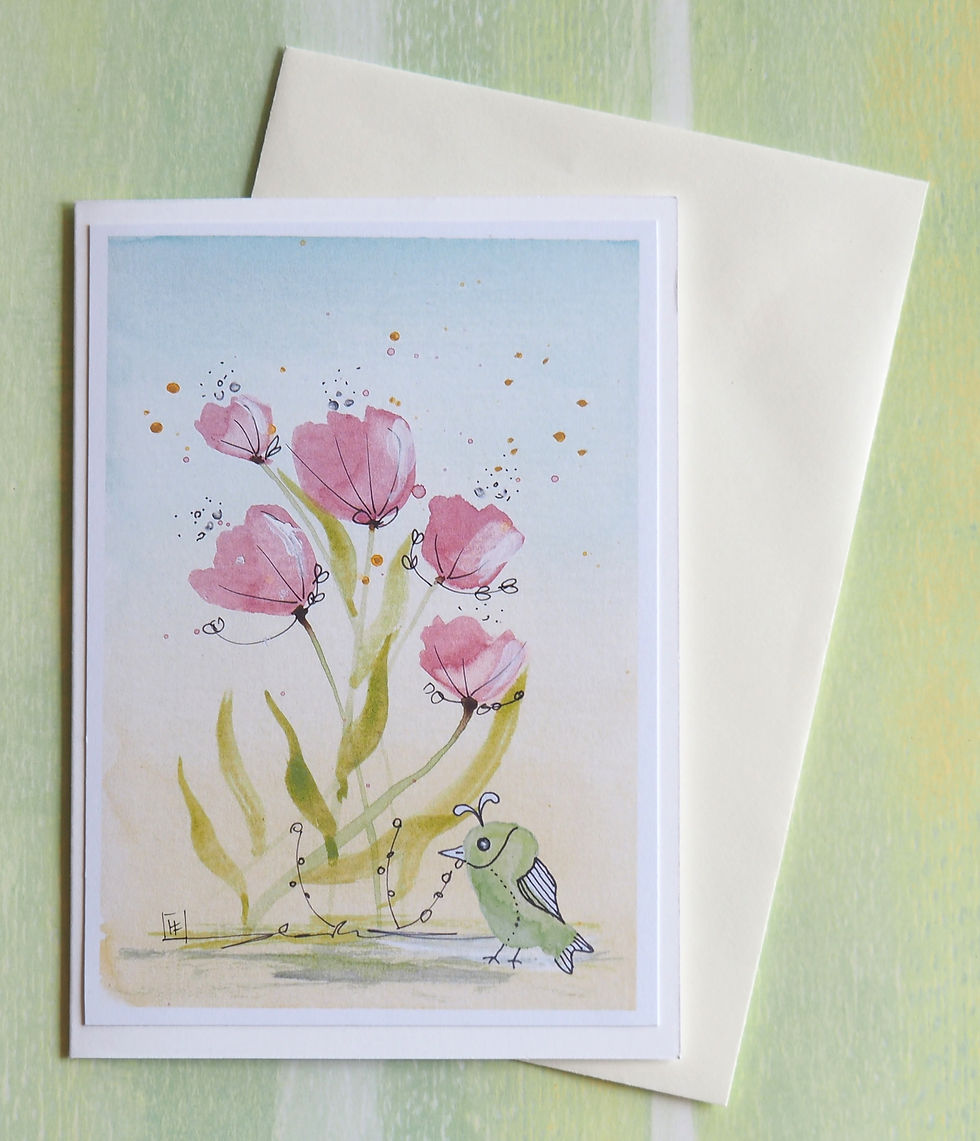 Watercolor Card - Tulips and Green Bird