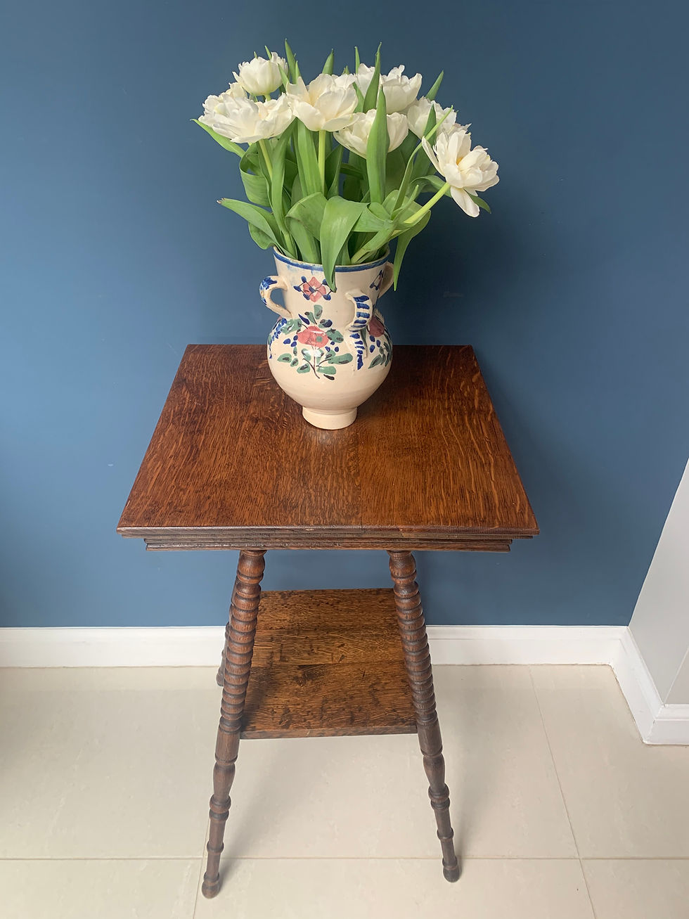 Thumbnail: Antique Arts and Crafts Oak Square Bobbin Table