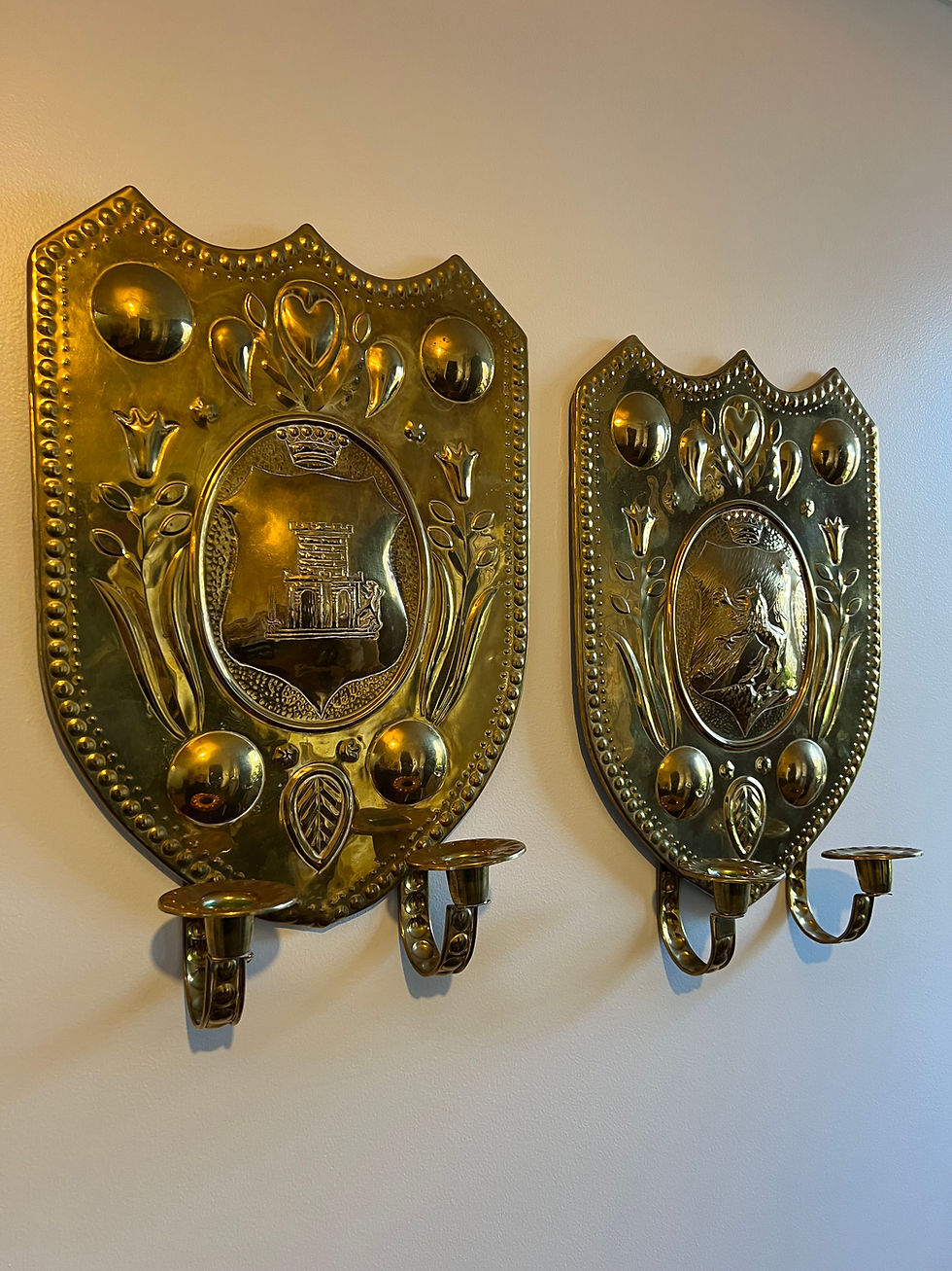 Thumbnail: Pair of Antique Swedish Repoussé Brass Sconces
