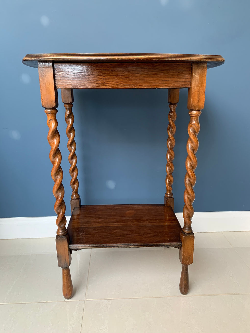 Thumbnail: Edwardian Oak Two Tier Side Table raised on barley twist supports