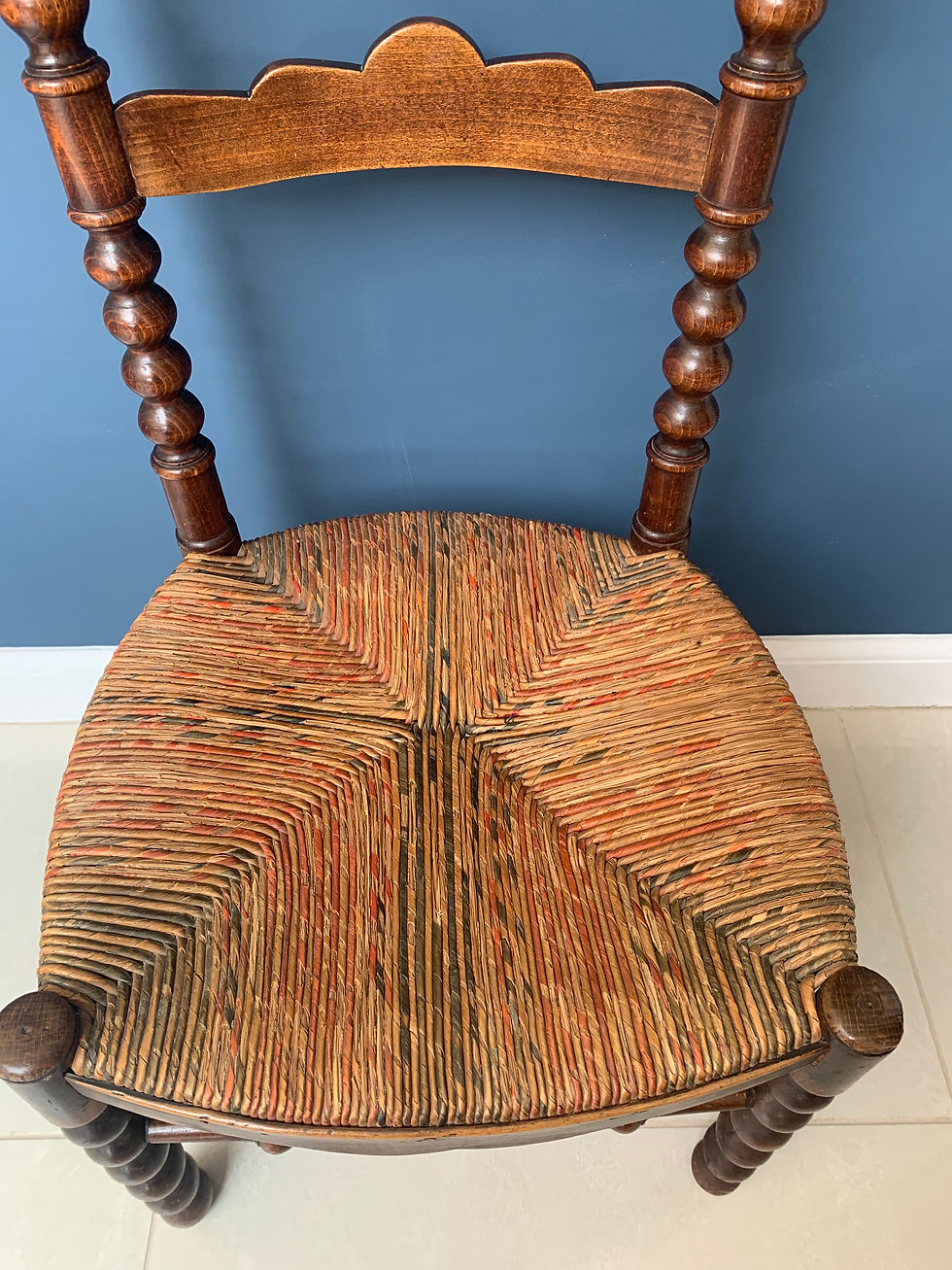 Thumbnail: Antique Bobbin Turned Oak Chair with rush seat